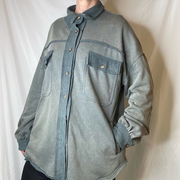 Pol French terry oversized shacket jacket green button front vintage wash faded - Picture 13 of 16